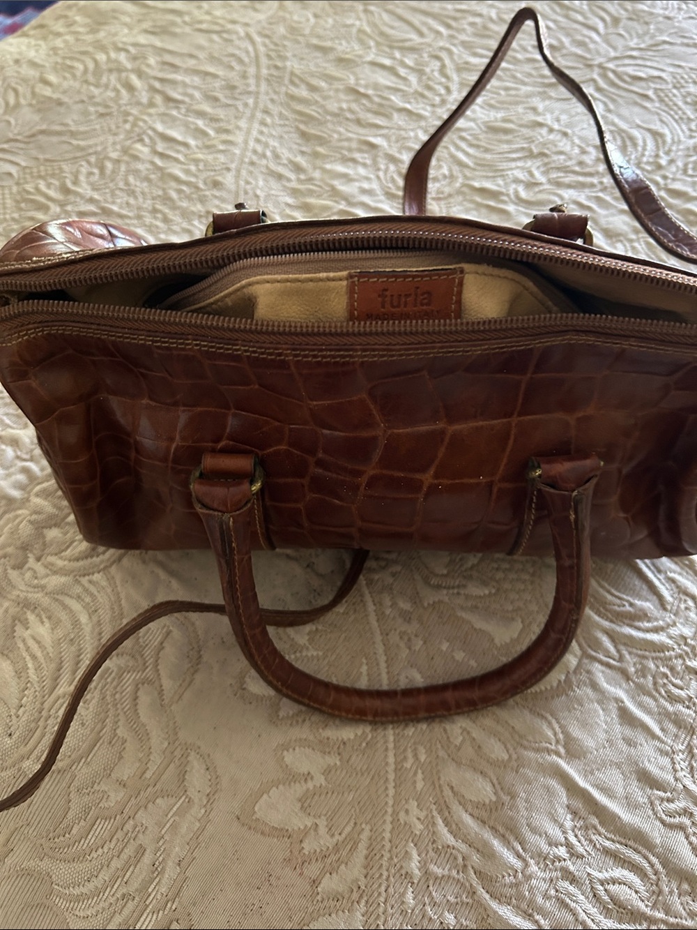 Furla Croc-Embossed Chestnut Brown Leather Satchel